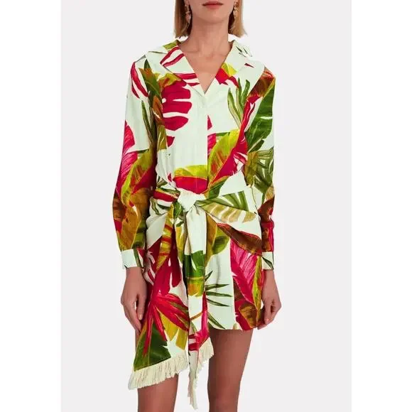 Farm Rio Spring Forest Long Sleeve Linen Blend Mini Dress White Multi Small - Picture 2 of 16